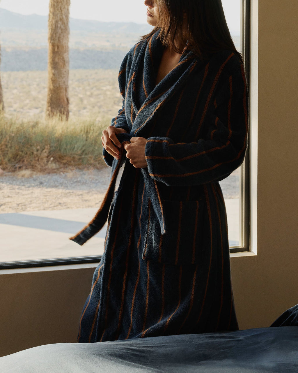 Turkish Cotton Stripe Robe Ink with Tobacco