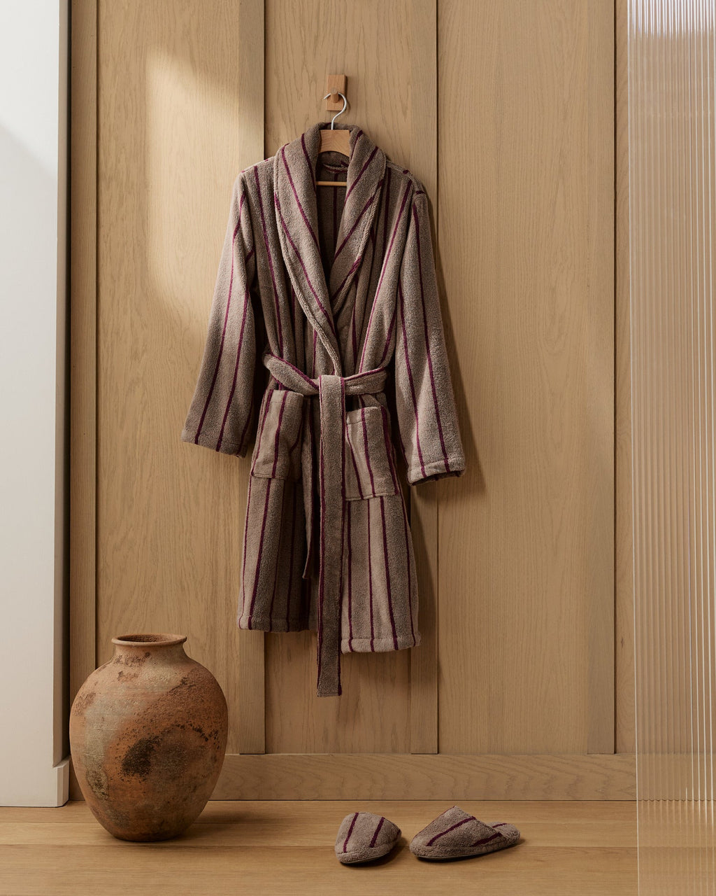 Turkish Cotton Stripe Robe Warm Grey with Garnet