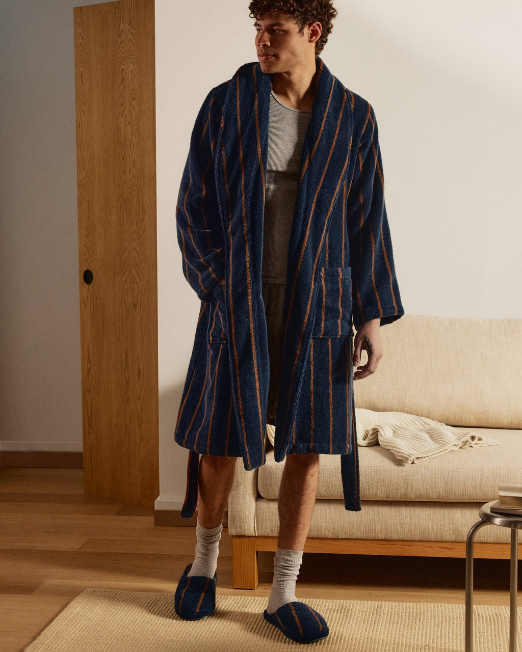 Turkish Cotton Stripe Robe Ink with Tobacco